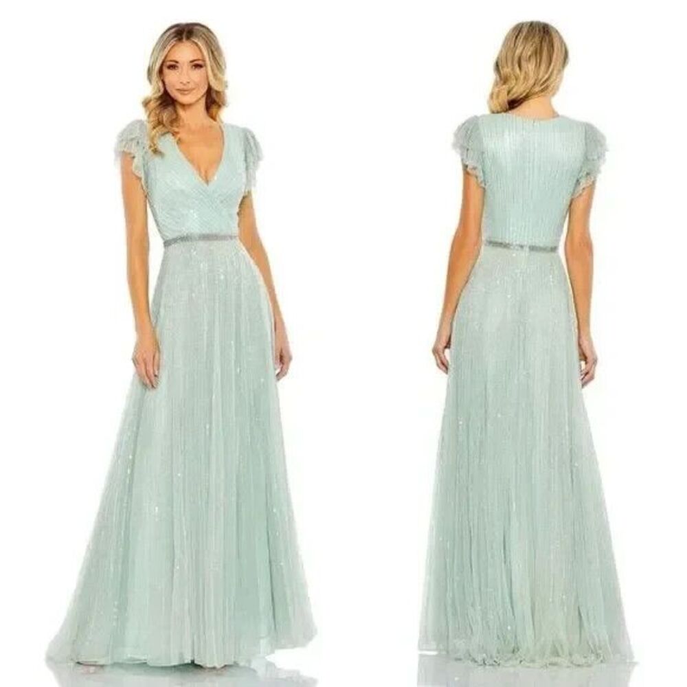 NWT Mac Duggal 5502 Sage Sequined Wrap Over Flutter Cap Sleeve Gown Sz 16 $698